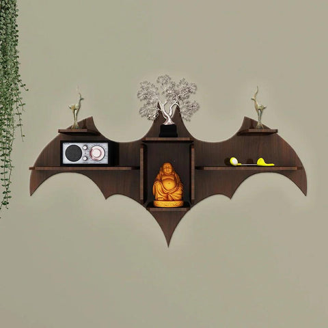 Bat Shape Backlit Designer Wooden Wall Shelf Book Shelf Night Light, Walnut Finish - Decor Mantra 