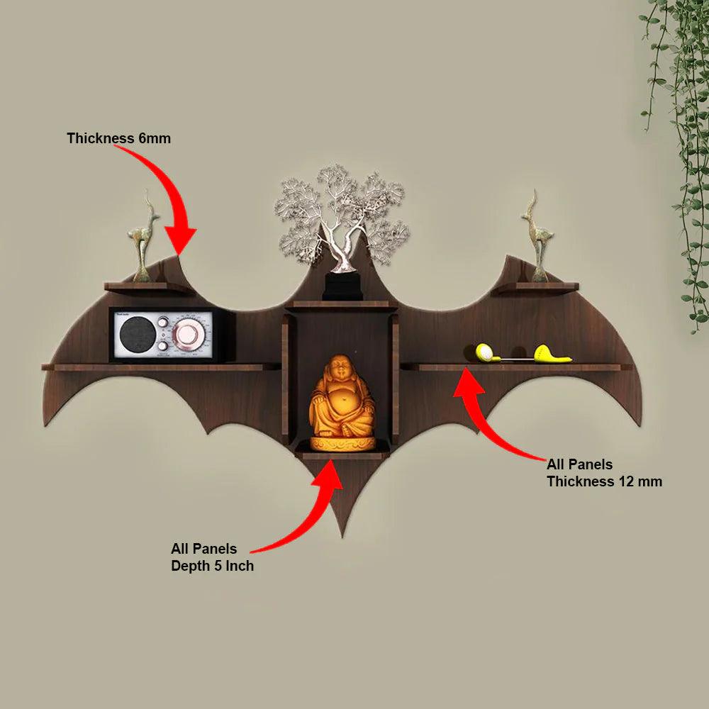 Bat Shape Backlit Designer Wooden Wall Shelf Book Shelf Night Light, Walnut Finish - Decor Mantra 