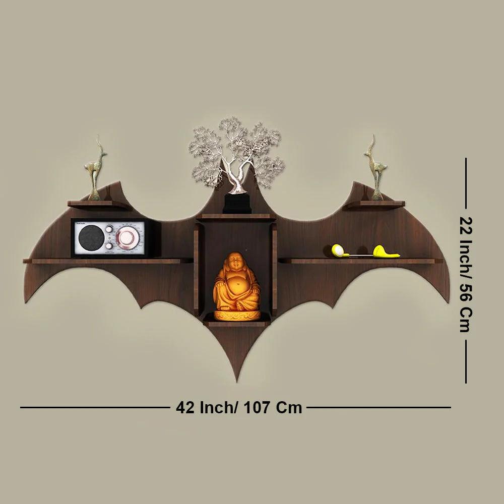 Bat Shape Backlit Designer Wooden Wall Shelf Book Shelf Night Light, Walnut Finish - Decor Mantra 