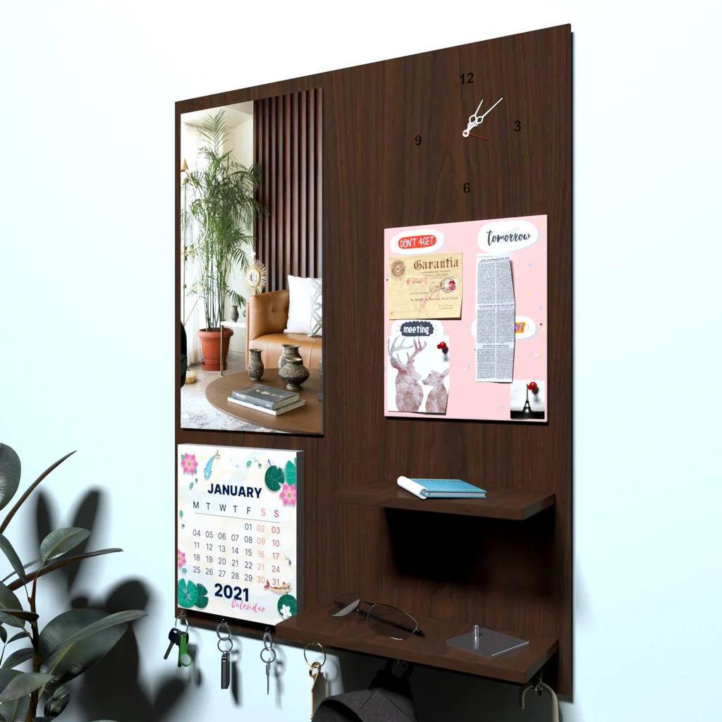 Beautiful "7 In One" Wooden Wall Organiser with Mirror, Key Holder, Coat Hangers, Pin Board, Clock, Calendar Decor Mantra