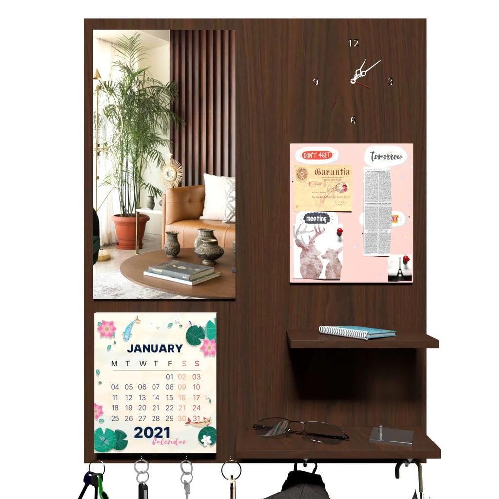 Beautiful "7 In One" Wooden Wall Organiser with Mirror, Key Holder, Coat Hangers, Pin Board, Clock, Calendar Decor Mantra