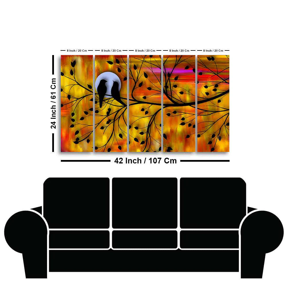 Beautiful Bird Couple on Tree Wall Painting of Five Pieces DECORMANTRA
