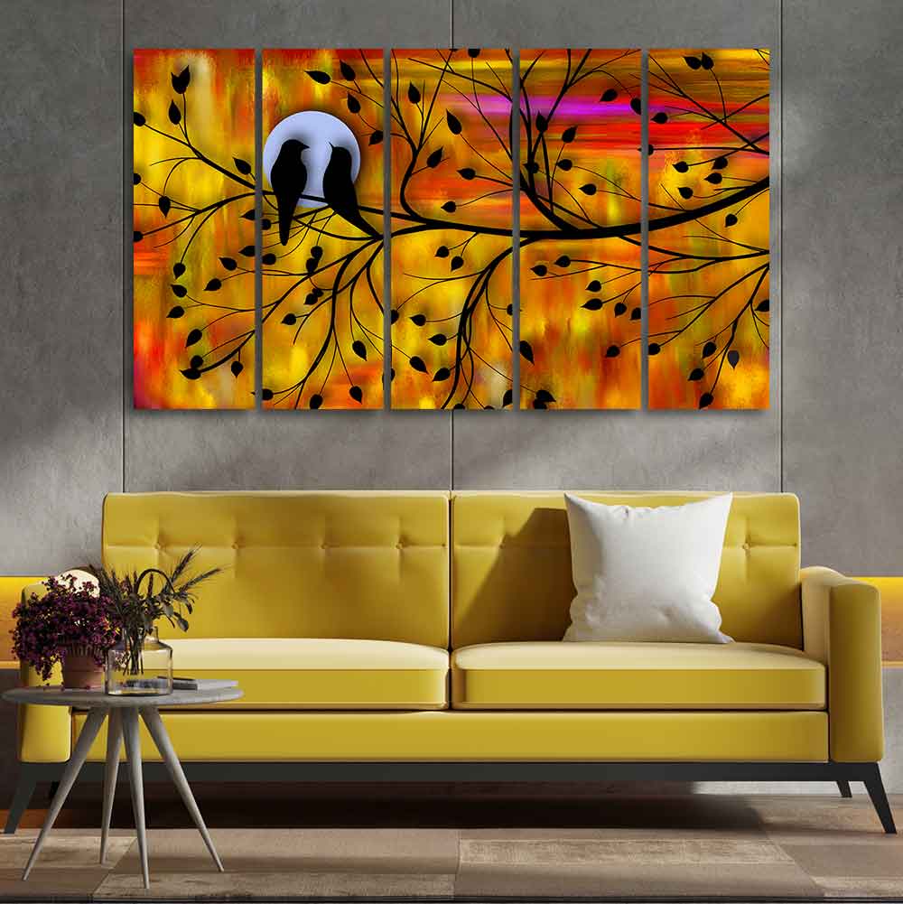 Beautiful Bird Couple on Tree Wall Painting of Five Pieces DECORMANTRA