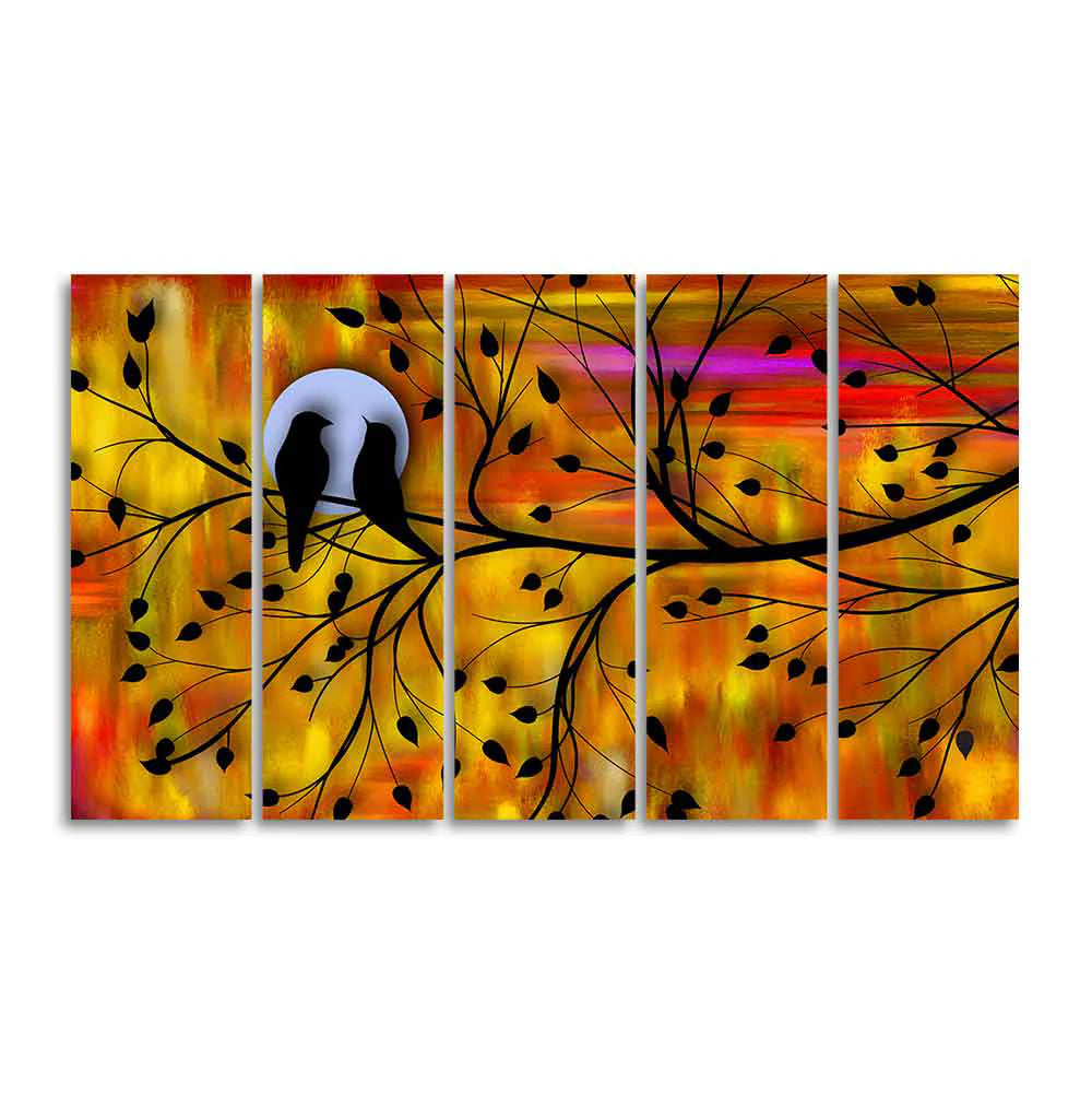 Beautiful Bird Couple on Tree Wall Painting of Five Pieces DECORMANTRA