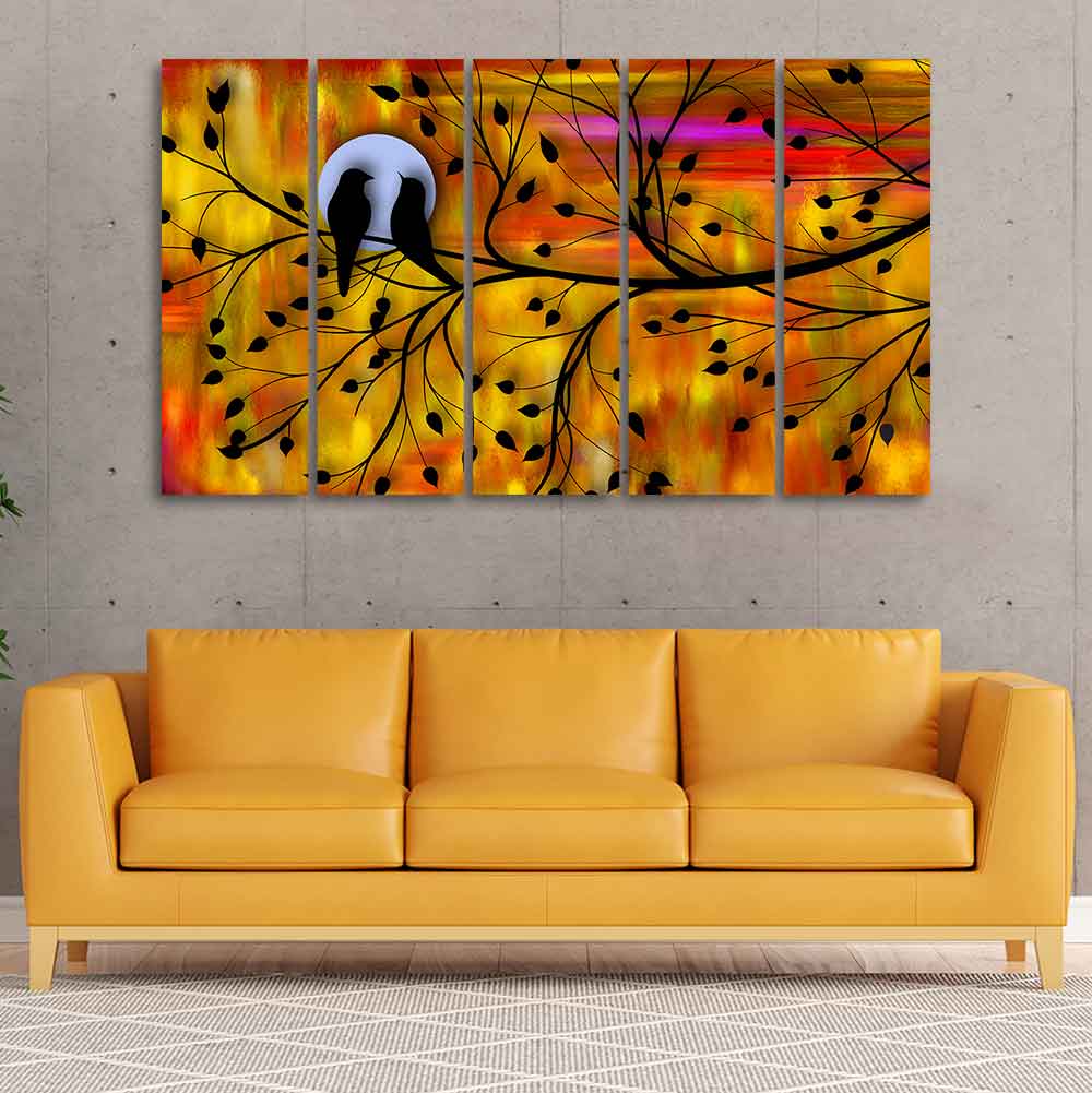 Beautiful Bird Couple on Tree Wall Painting of Five Pieces DECORMANTRA