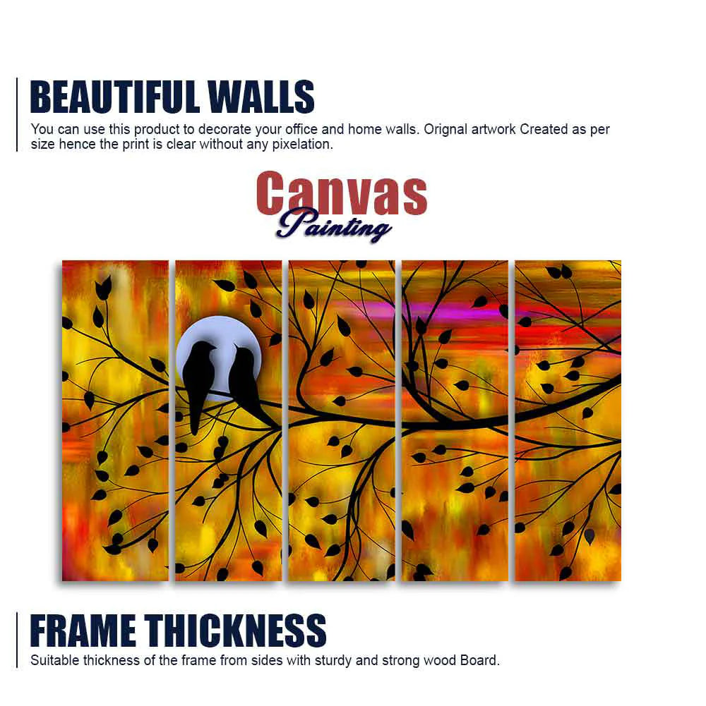 Beautiful Bird Couple on Tree Wall Painting of Five Pieces DECORMANTRA