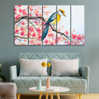 Beautiful Bird on Tree Branch Wall Painting of Five pieces DECORMANTRA