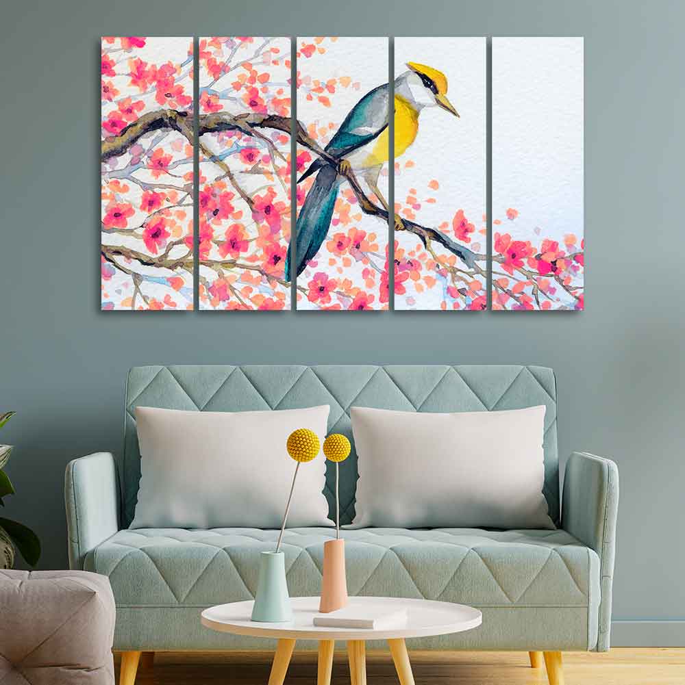 Beautiful Bird on Tree Branch Wall Painting of Five pieces DECORMANTRA