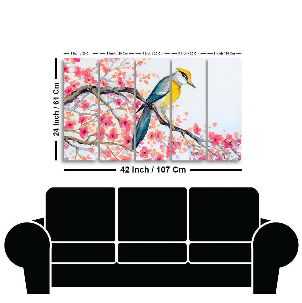 Beautiful Bird on Tree Branch Wall Painting of Five pieces DECORMANTRA