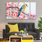 Beautiful Bird on Tree Branch Wall Painting of Five pieces DECORMANTRA