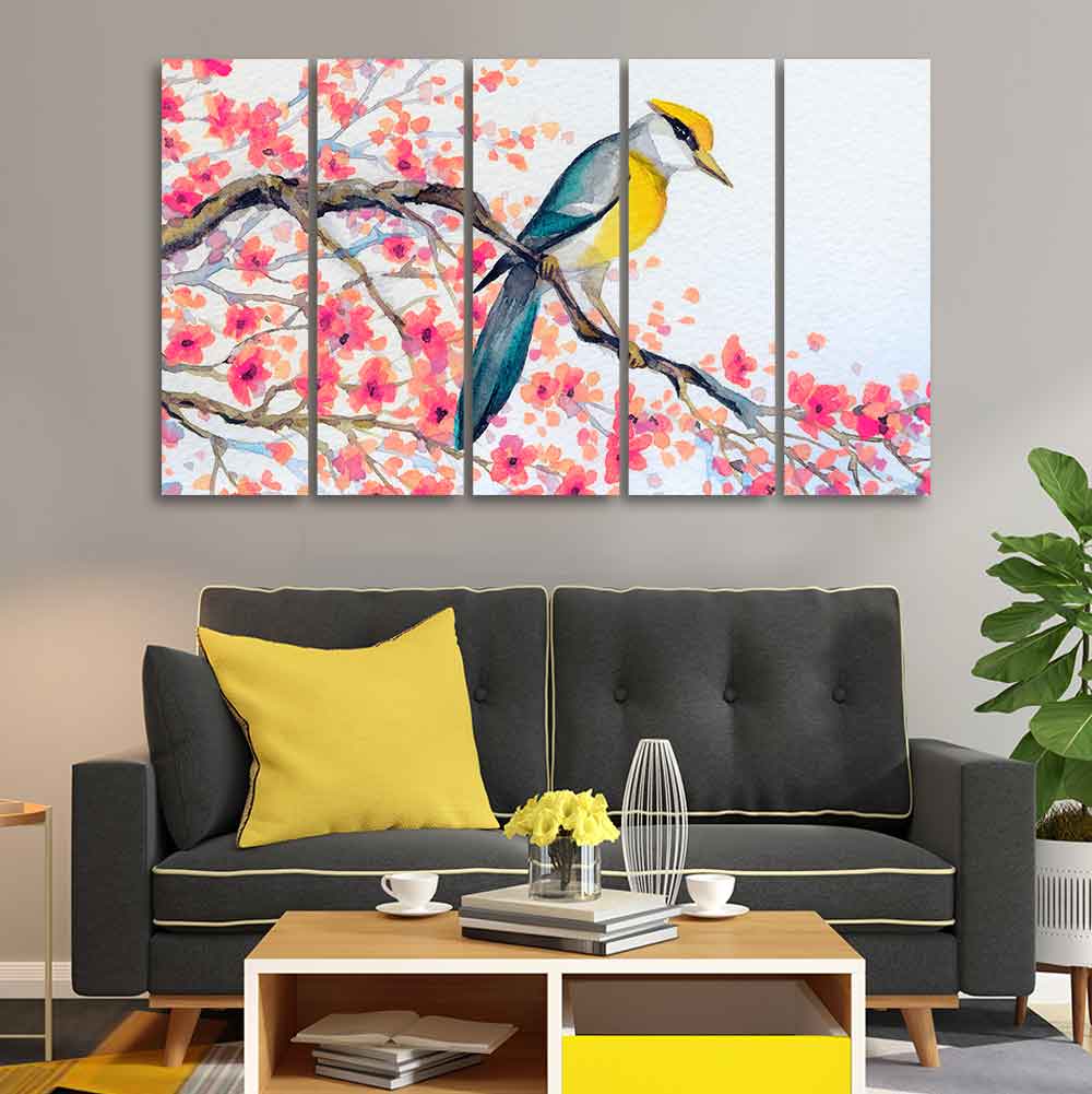 Beautiful Bird on Tree Branch Wall Painting of Five pieces DECORMANTRA