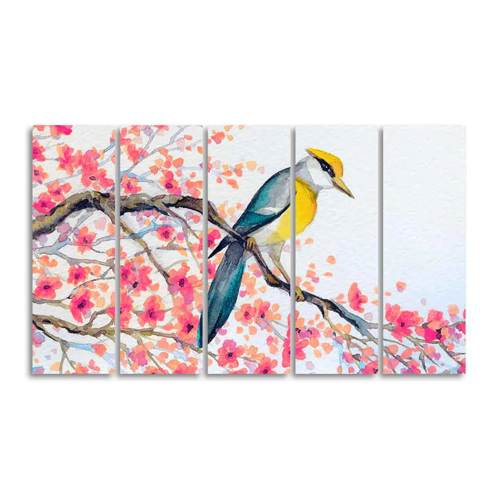 Beautiful Bird on Tree Branch Wall Painting of Five pieces DECORMANTRA