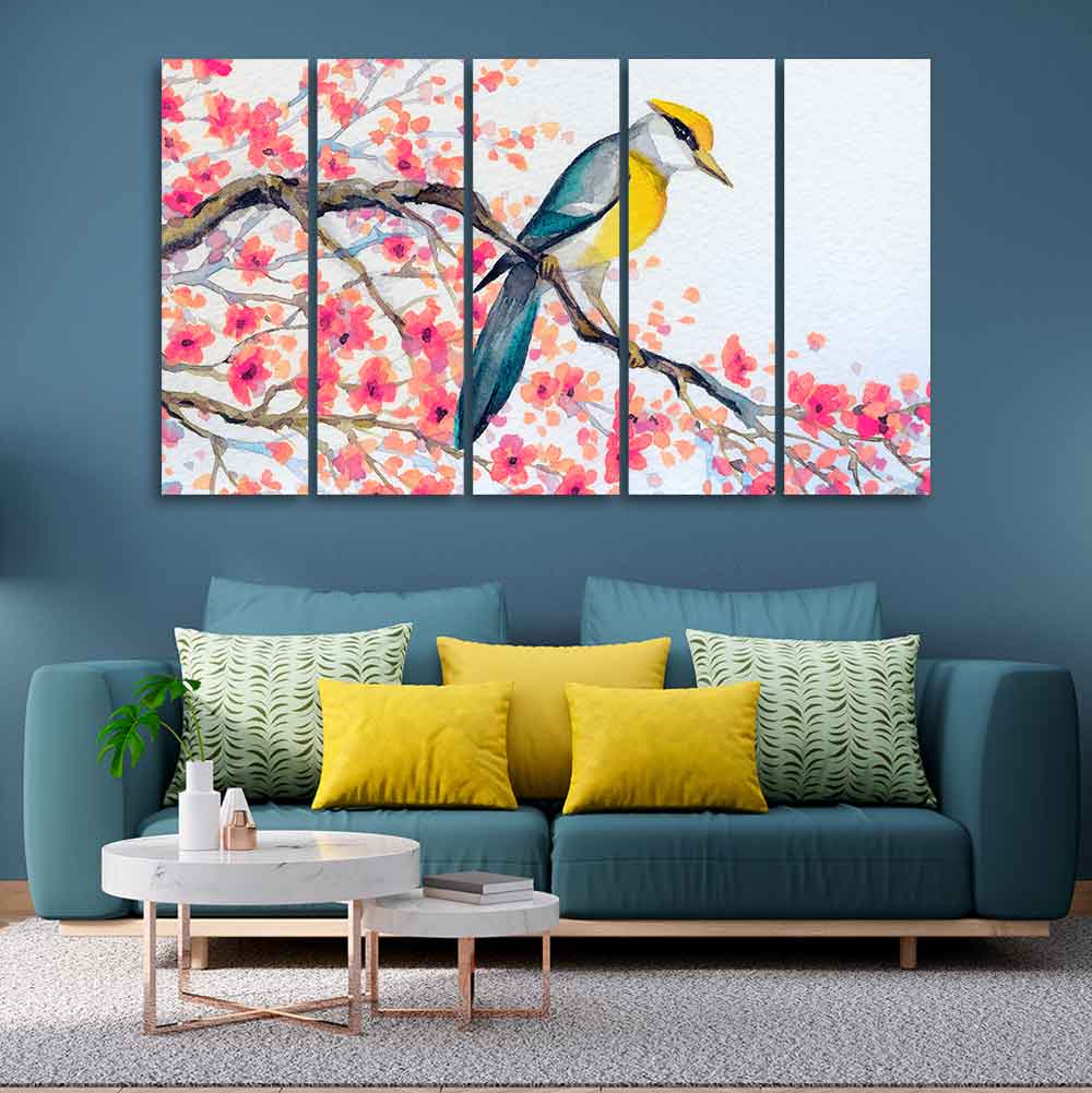 Beautiful Bird on Tree Branch Wall Painting of Five pieces DECORMANTRA