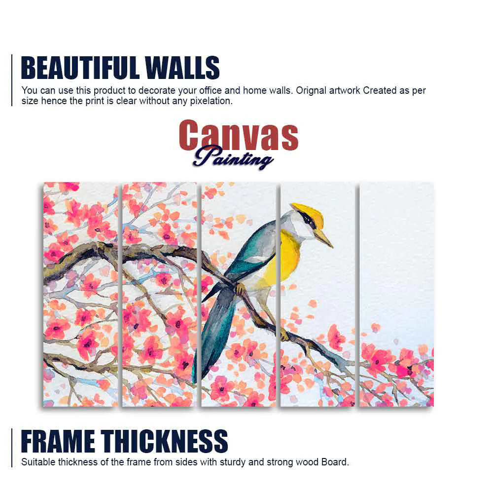 Beautiful Bird on Tree Branch Wall Painting of Five pieces DECORMANTRA