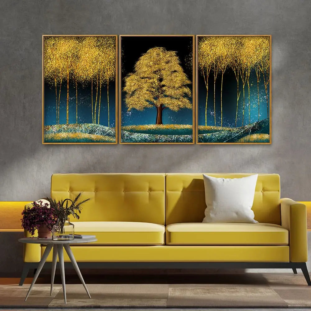 Beautiful Blue Sky and Golden Tree Floating Canvas Wall Painting Set of Three DECORMANTRA