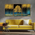 Beautiful Blue Sky and Golden Tree Floating Canvas Wall Painting Set of Three DECORMANTRA