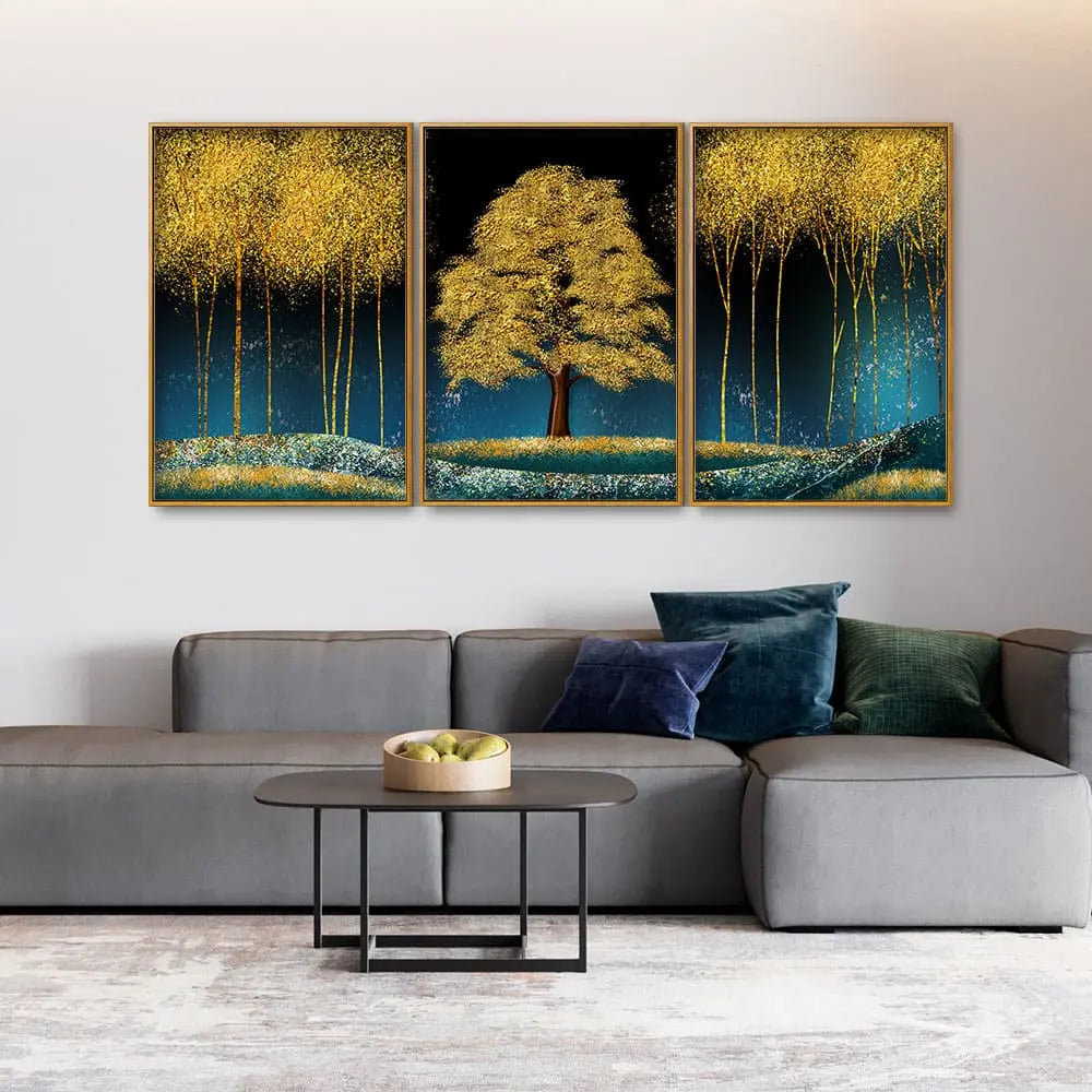 Beautiful Blue Sky and Golden Tree Floating Canvas Wall Painting Set of Three DECORMANTRA