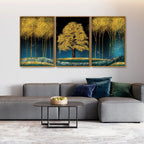 Beautiful Blue Sky and Golden Tree Floating Canvas Wall Painting Set of Three DECORMANTRA