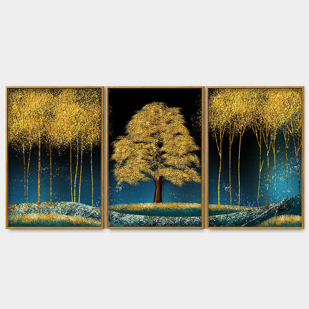 Beautiful Blue Sky and Golden Tree Floating Canvas Wall Painting Set of Three DECORMANTRA