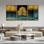 Beautiful Blue Sky and Golden Tree Floating Canvas Wall Painting Set of Three DECORMANTRA