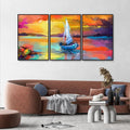 Beautiful Colorful Sea with Ship Premium Floating Wall Painting Set of Three DECORMANTRA