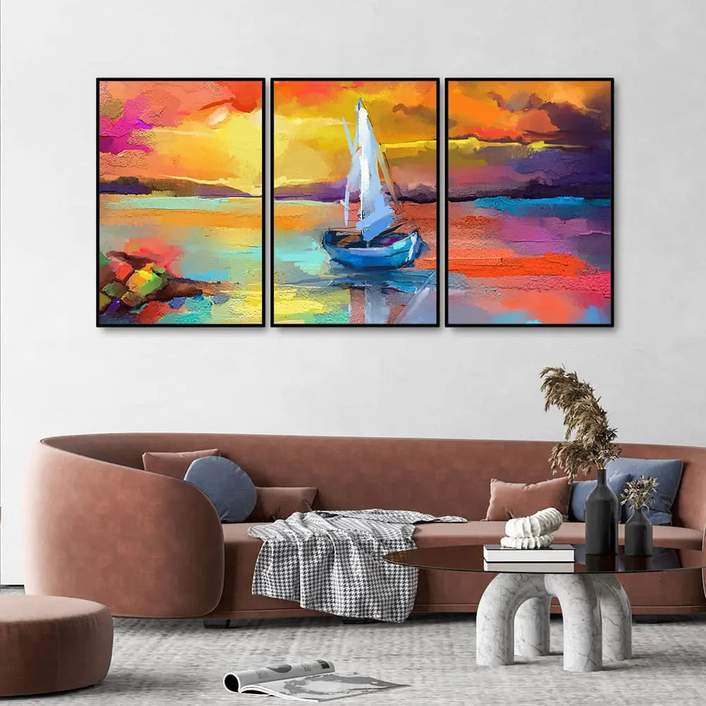 Beautiful Colorful Sea with Ship Premium Floating Wall Painting Set of Three DECORMANTRA