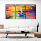 Beautiful Colorful Sea with Ship Premium Floating Wall Painting Set of Three DECORMANTRA