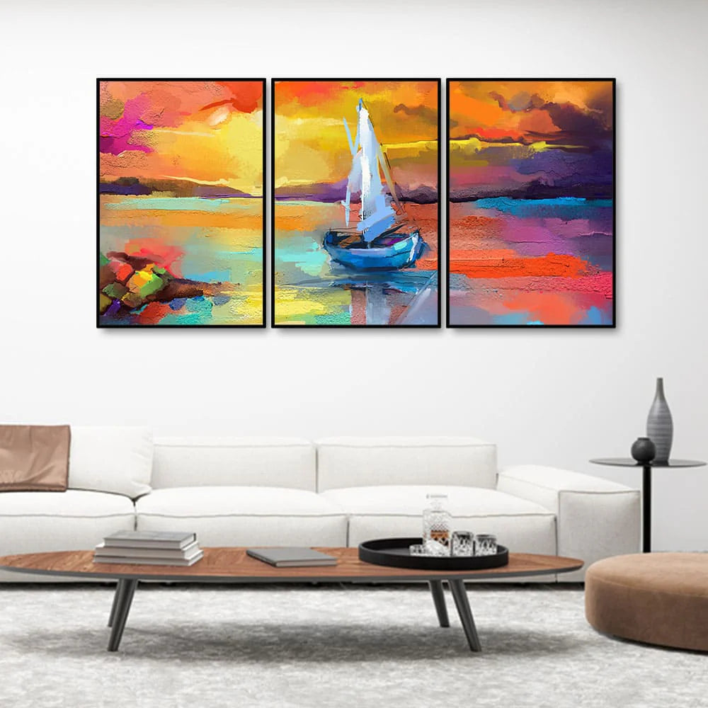 Beautiful Colorful Sea with Ship Premium Floating Wall Painting Set of Three DECORMANTRA