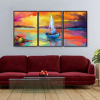 Beautiful Colorful Sea with Ship Premium Floating Wall Painting Set of Three DECORMANTRA