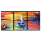 Beautiful Colorful Sea with Ship Premium Floating Wall Painting Set of Three DECORMANTRA