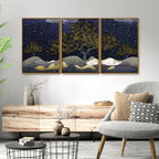 Beautiful Dark Blue Snowy Background Floating Canvas Wall Painting Set of Three DECORMANTRA