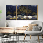 Beautiful Dark Blue Snowy Background Floating Canvas Wall Painting Set of Three DECORMANTRA