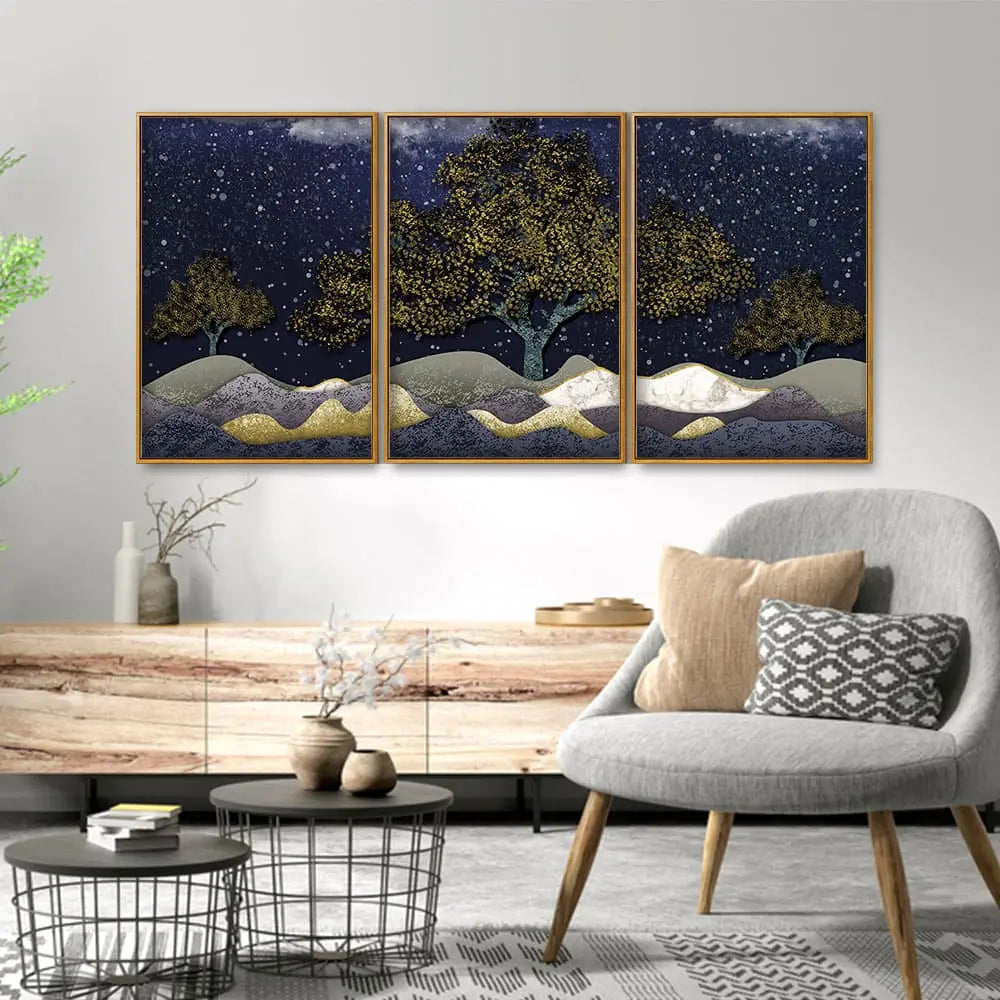 Beautiful Dark Blue Snowy Background Floating Canvas Wall Painting Set of Three DECORMANTRA