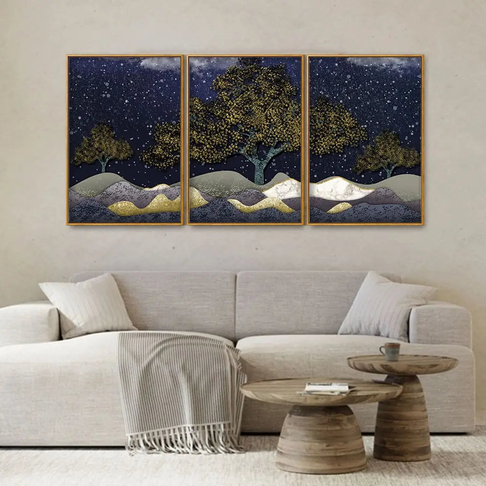 Beautiful Dark Blue Snowy Background Floating Canvas Wall Painting Set of Three DECORMANTRA
