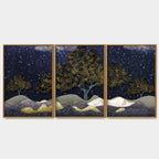 Beautiful Dark Blue Snowy Background Floating Canvas Wall Painting Set of Three DECORMANTRA