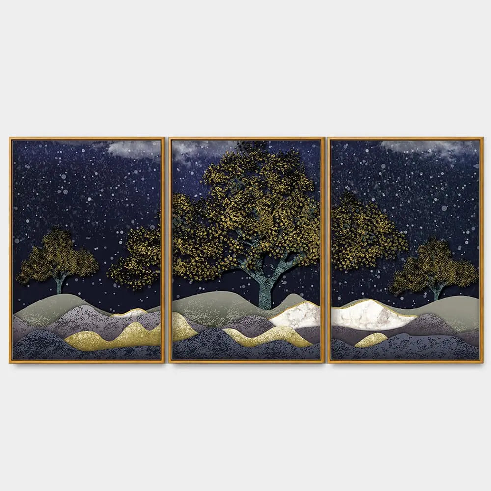 Beautiful Dark Blue Snowy Background Floating Canvas Wall Painting Set of Three DECORMANTRA