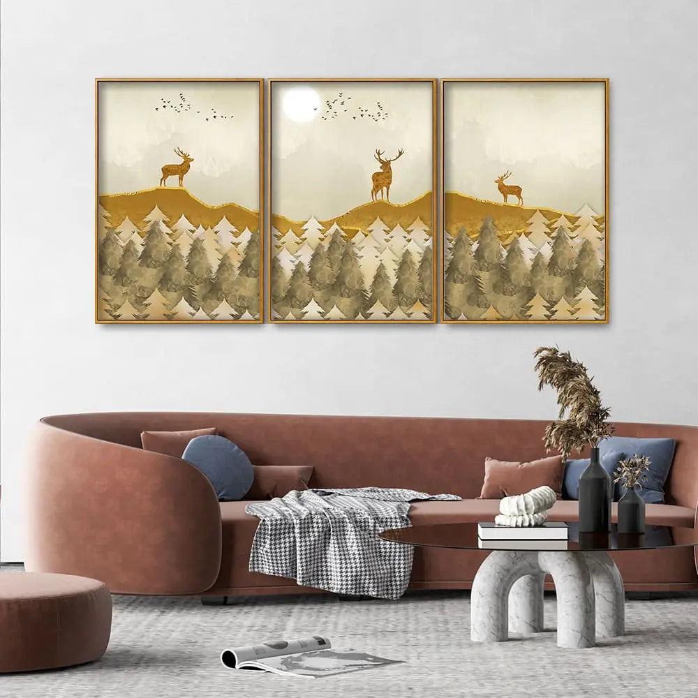 Beautiful Golden Deers Premium Floating Canvas Wall Painting Set of Three DECORMANTRA