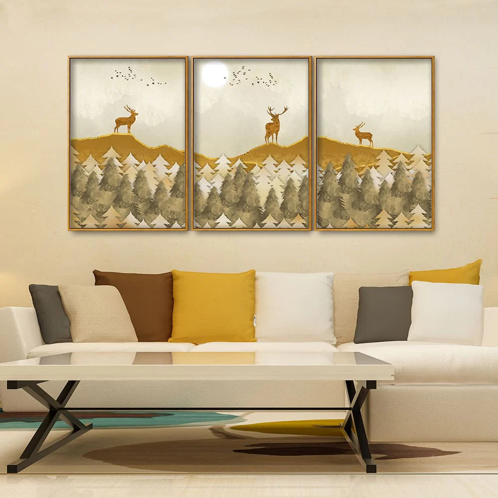 Beautiful Golden Deers Premium Floating Canvas Wall Painting Set of Three DECORMANTRA