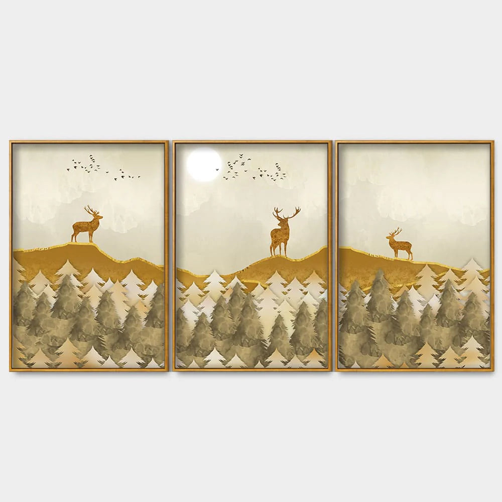 Beautiful Golden Deers Premium Floating Canvas Wall Painting Set of Three DECORMANTRA