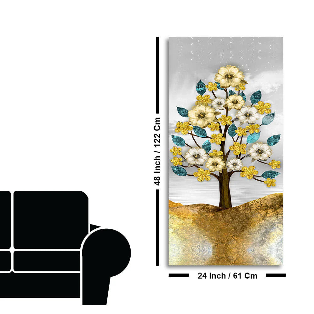 Beautiful Golden Flowers and Turquoise Mountains Canvas Wall Painting DECORMANTRA