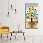 Beautiful Golden Flowers and Turquoise Mountains Canvas Wall Painting DECORMANTRA