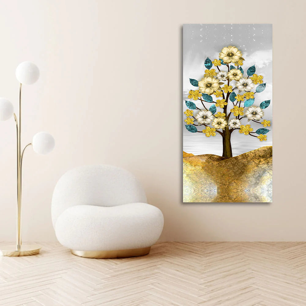 Beautiful Golden Flowers and Turquoise Mountains Canvas Wall Painting DECORMANTRA