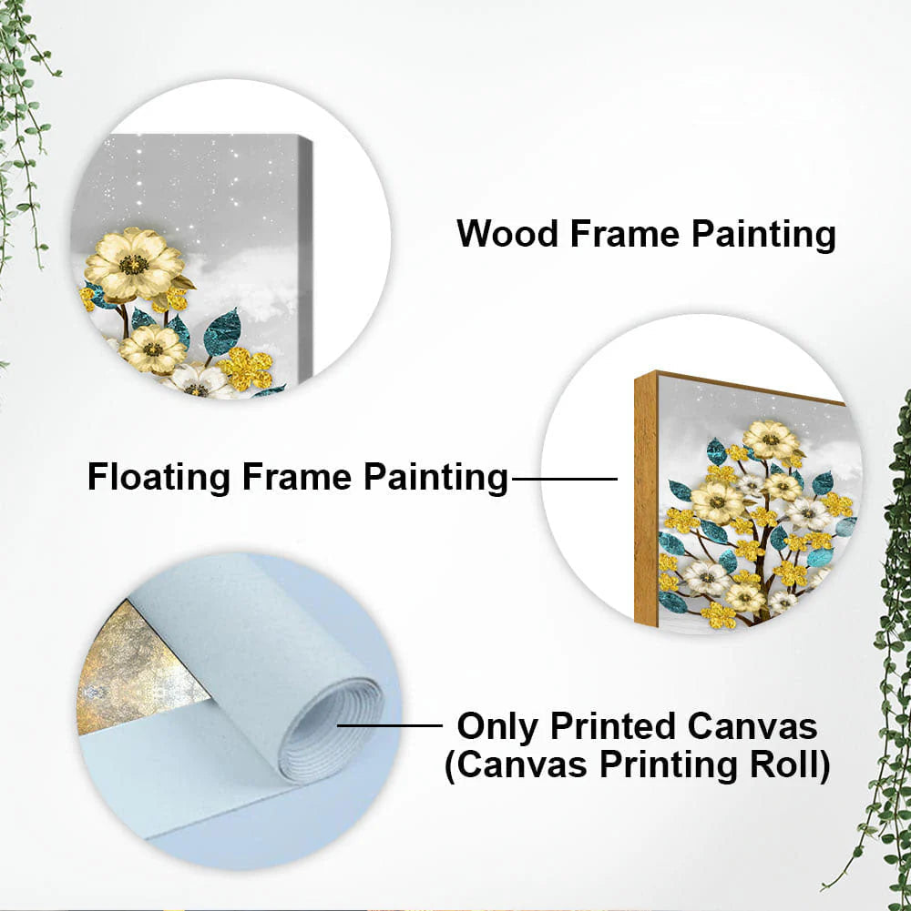 Beautiful Golden Flowers and Turquoise Mountains Canvas Wall Painting DECORMANTRA