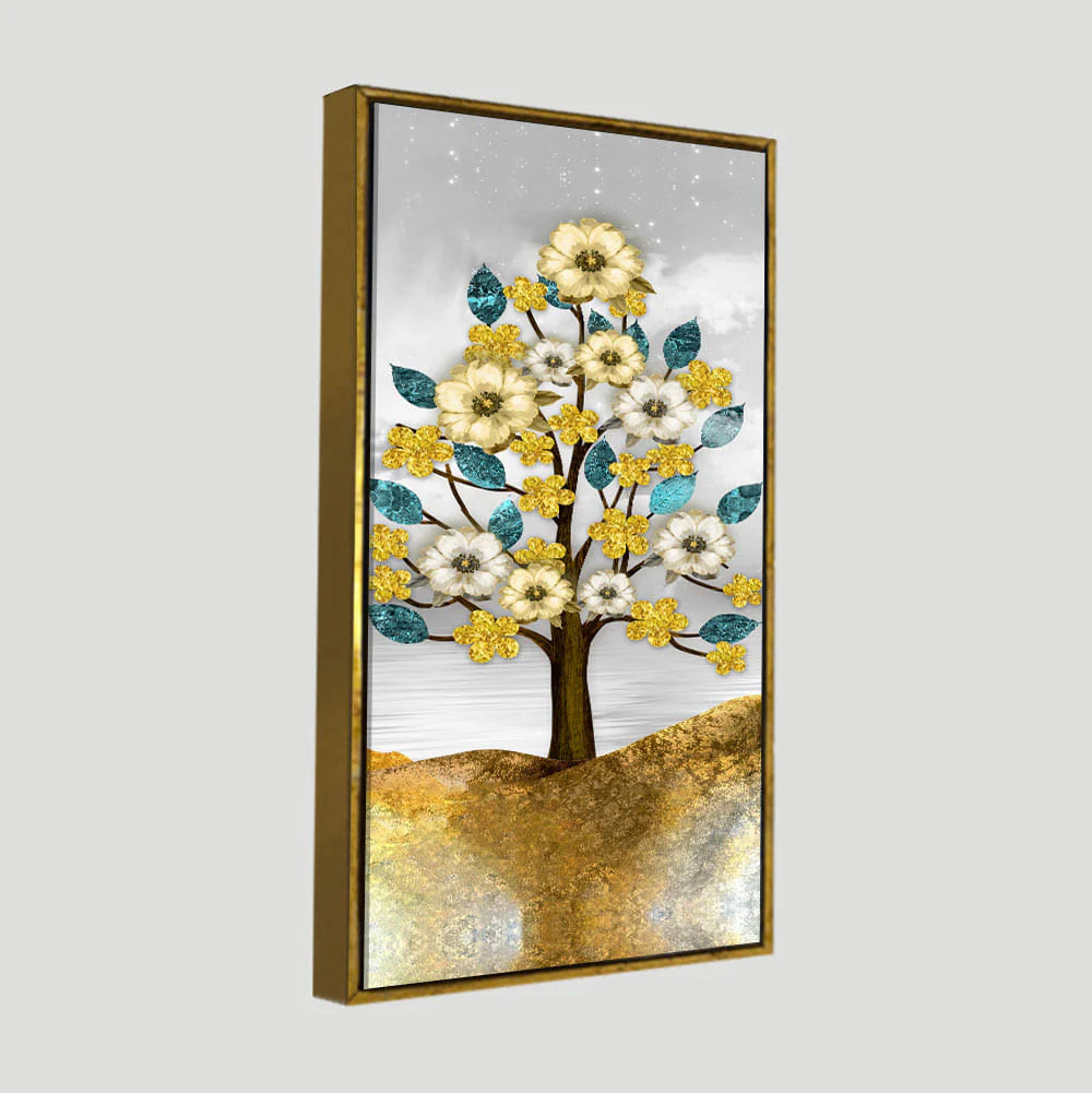 Beautiful Golden Flowers and Turquoise Mountains Canvas Wall Painting DECORMANTRA