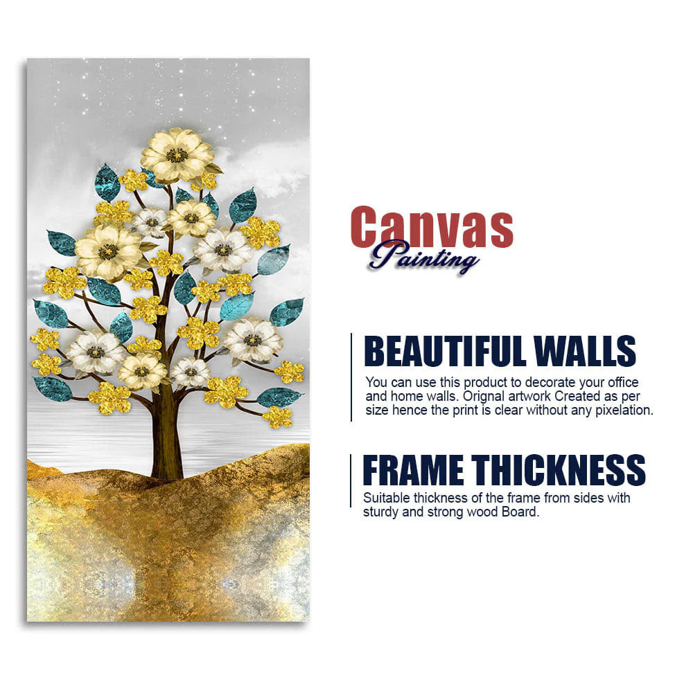 Beautiful Golden Flowers and Turquoise Mountains Canvas Wall Painting DECORMANTRA