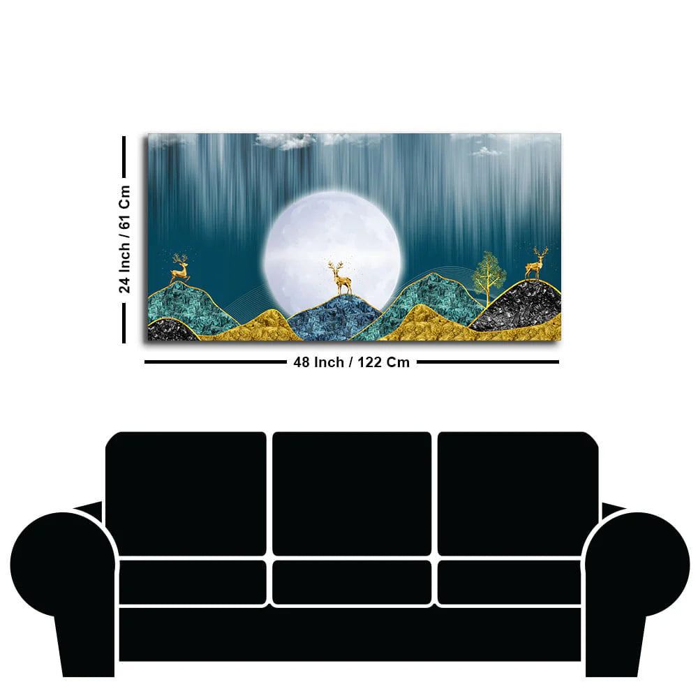 Beautiful Golden Mountains and Deer with Moon Premium Canvas Wall Painting DECORMANTRA
