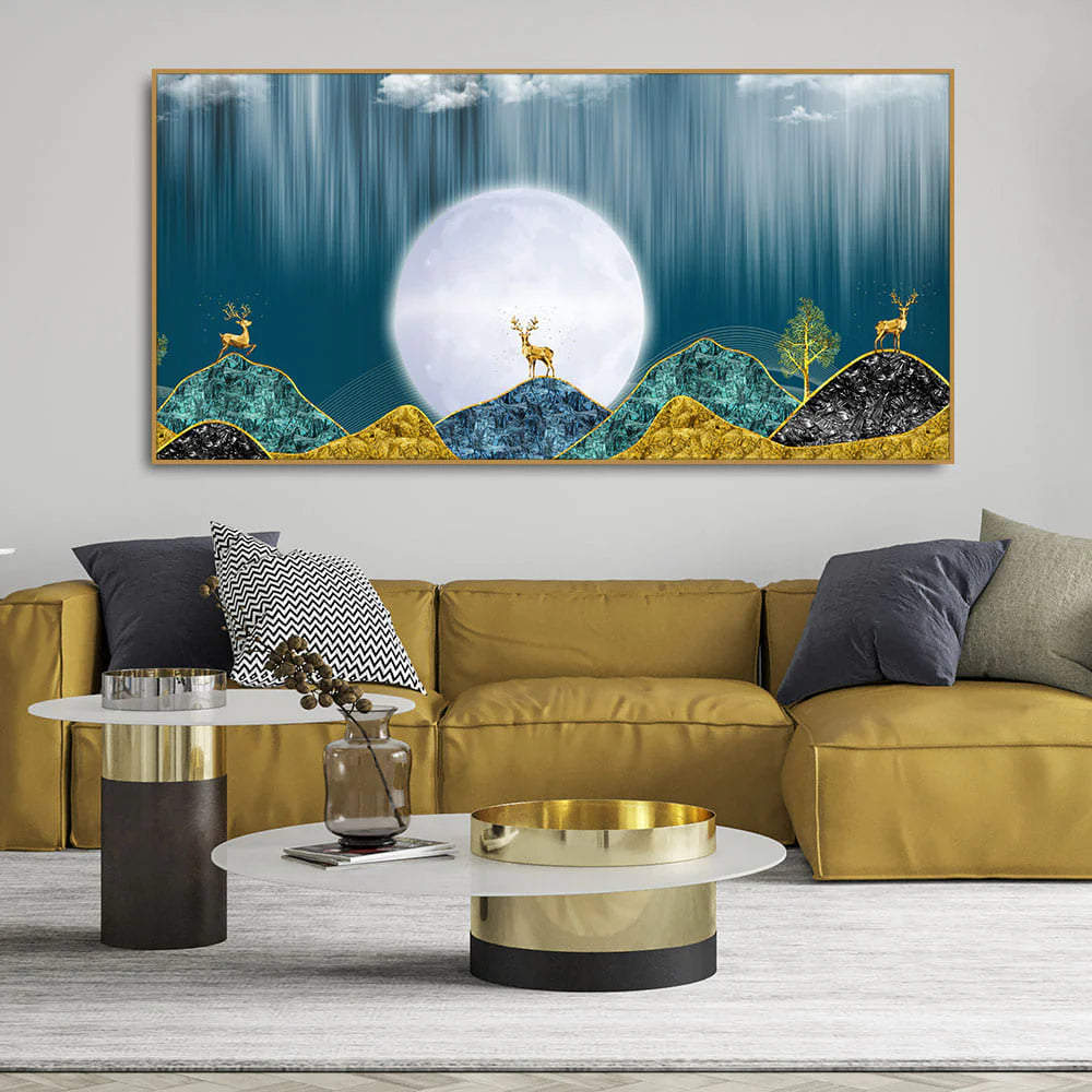 Beautiful Golden Mountains and Deer with Moon Premium Canvas Wall Painting DECORMANTRA