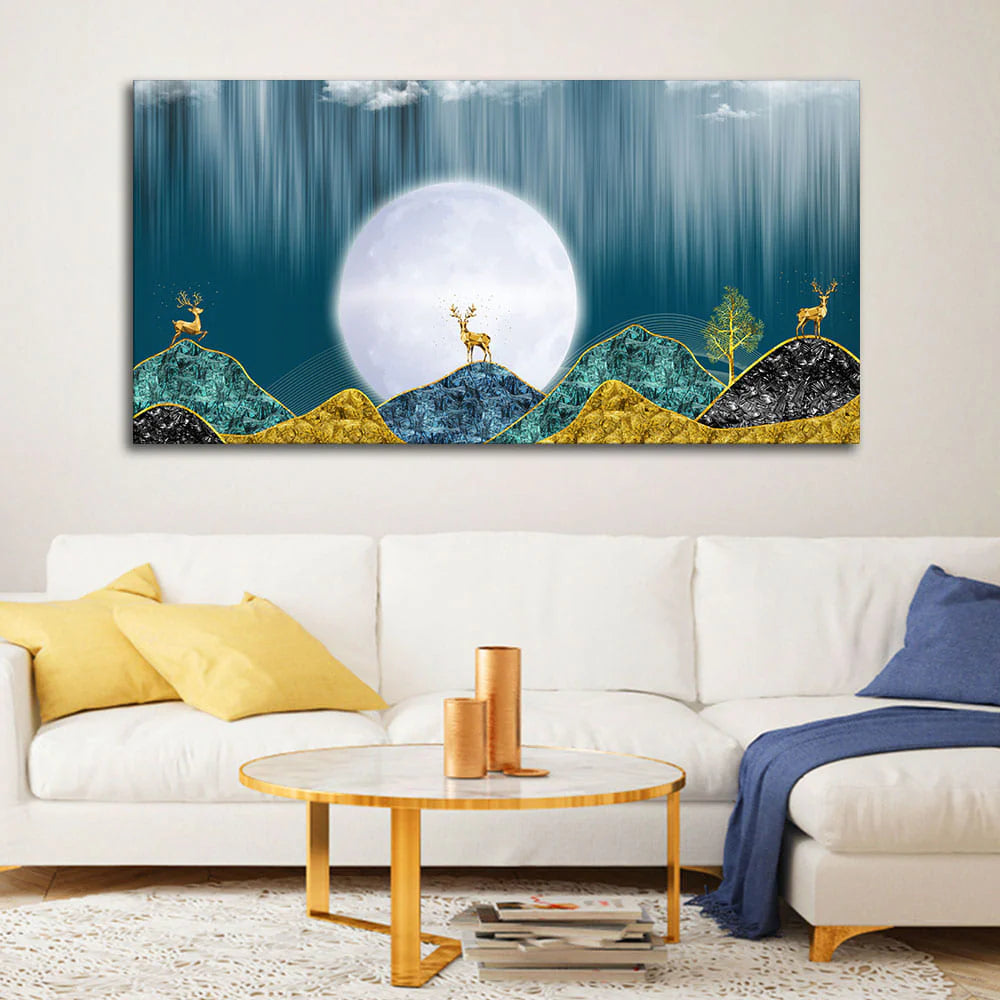 Beautiful Golden Mountains and Deer with Moon Premium Canvas Wall Painting DECORMANTRA