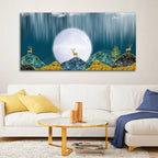 Beautiful Golden Mountains and Deer with Moon Premium Canvas Wall Painting DECORMANTRA