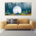 Beautiful Golden Mountains and Deer with Moon Premium Canvas Wall Painting DECORMANTRA